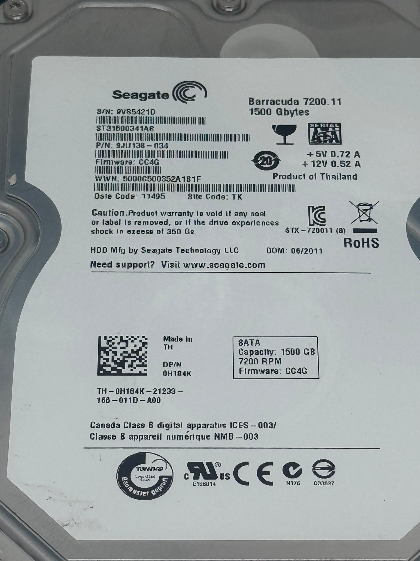 Seagate 1.5TB 3.5” SATA HDD