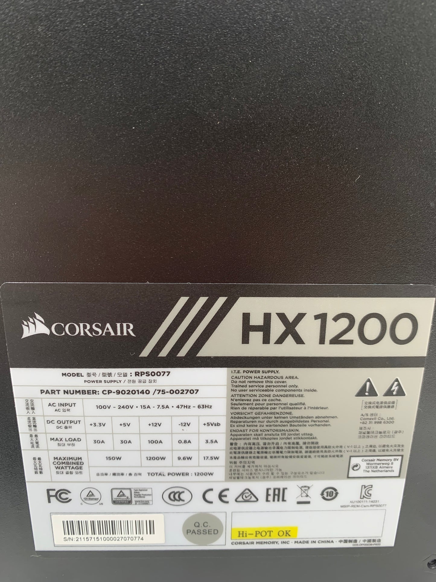 Corsair HX1200 1200W Power Supply PSU